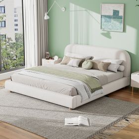 King Size Upholstered Bed With Boucle Fabric,Curved-Shape Design Thick Headboard, Solid Wood Legs,White